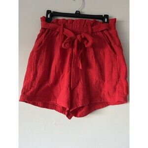 Knox Rose Red Boho Floral Eyelet Embroidered Paper Bag Belted Shorts Size Large